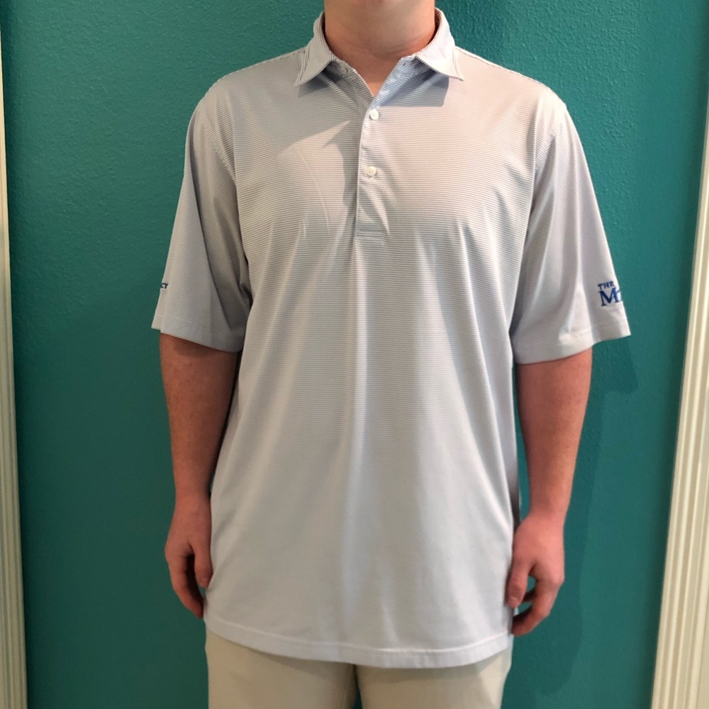 Light blue striped Donald Ross men’s golf polo